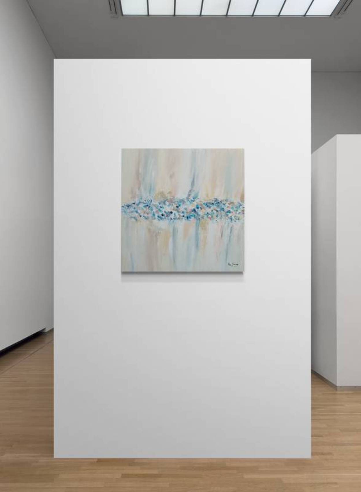 Minimalist textured abstract painting with beige and blue tones by French artist Âme Sauvage