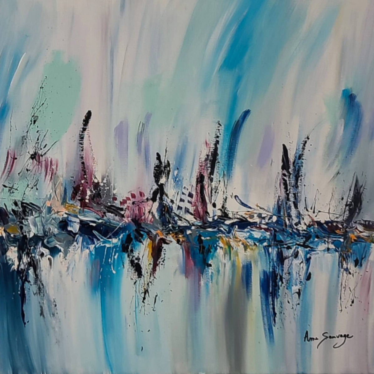 Modern large-format blue panoramic abstract artwork