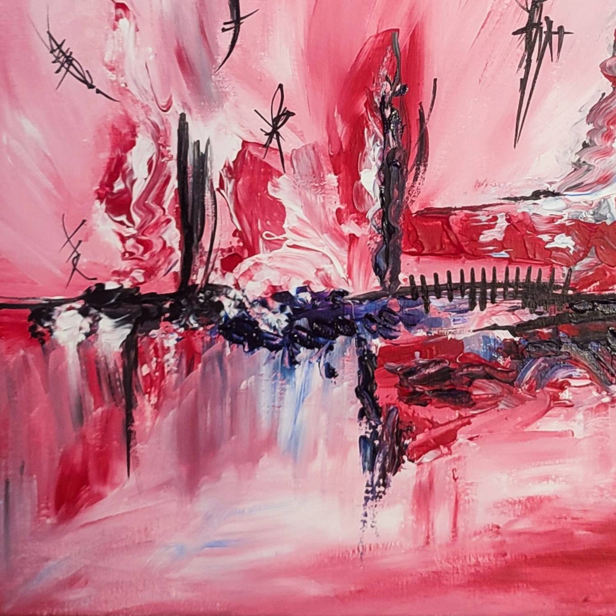 Close-up detail of contemporary abstract artwork in red, black and white