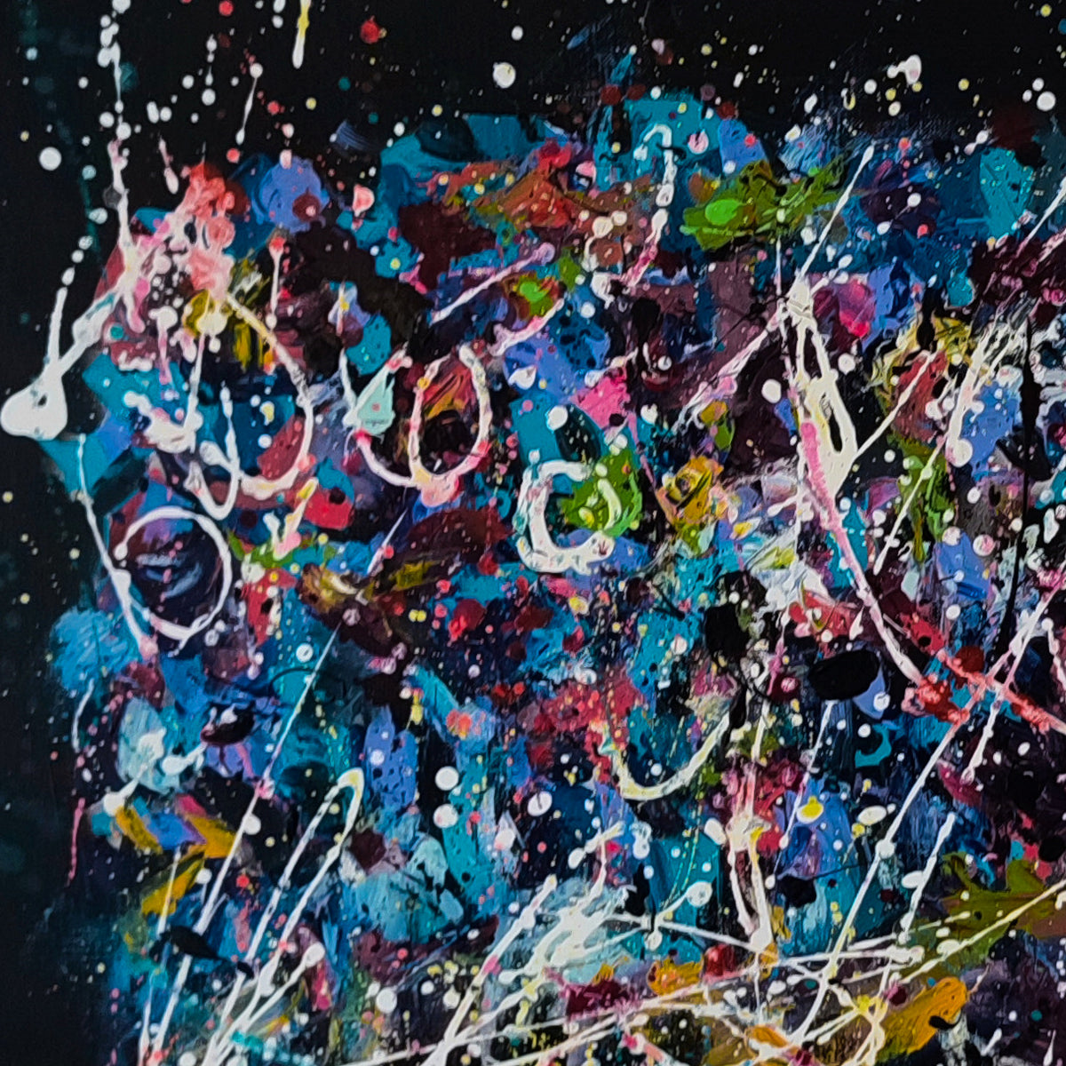 Monde de pensées – colourful hand-painted abstract artwork on black background