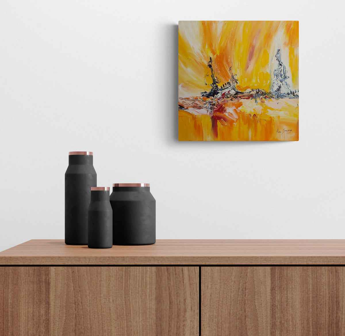 Yellow abstract artwork displayed in a sophisticated contemporary interior
