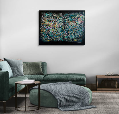 Un livre ouvert large textured abstract painting on black by French artist Âme Sauvage