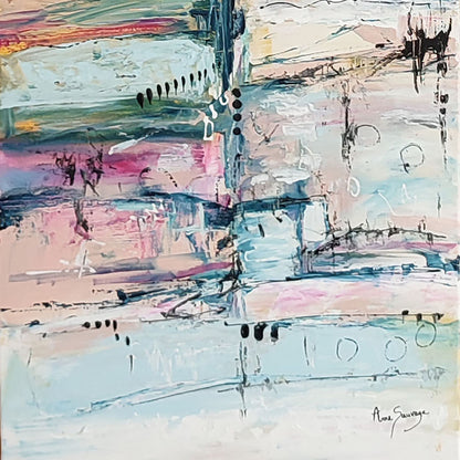 Les étages supérieurs - Pink, white and blue abstract painting