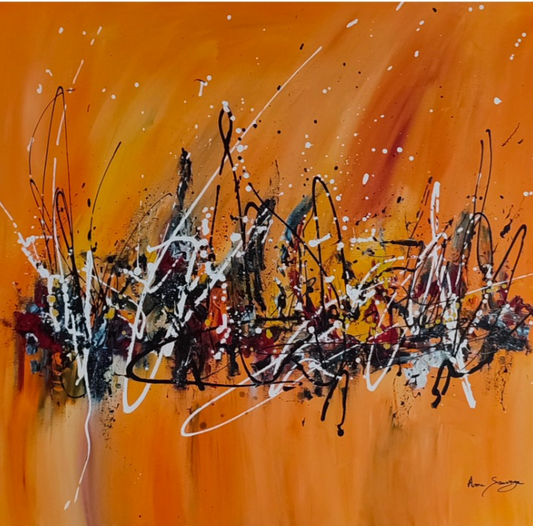 Large orange abstract painting by French artist Âme Sauvage