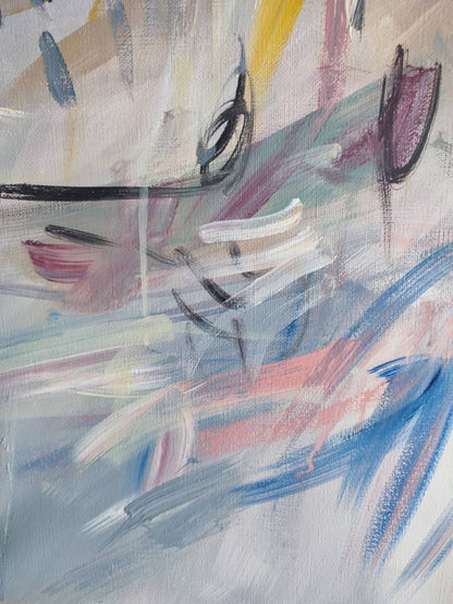 Un vent fort – Large grey and pink abstract painting
