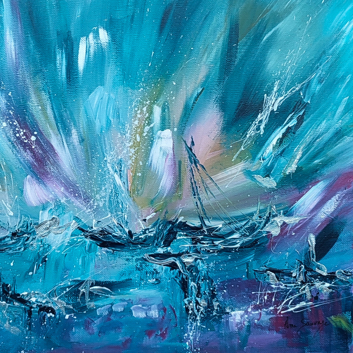 Detail of Arrêt sur glace – blue abstract boat painting by Âme Sauvage