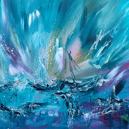 Detail of Arrêt sur glace – blue abstract boat painting by Âme Sauvage