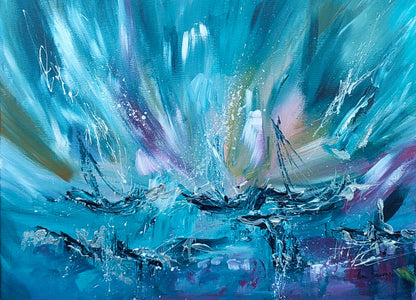 Arrêt sur glace – blue abstract boat painting by Âme Sauvage