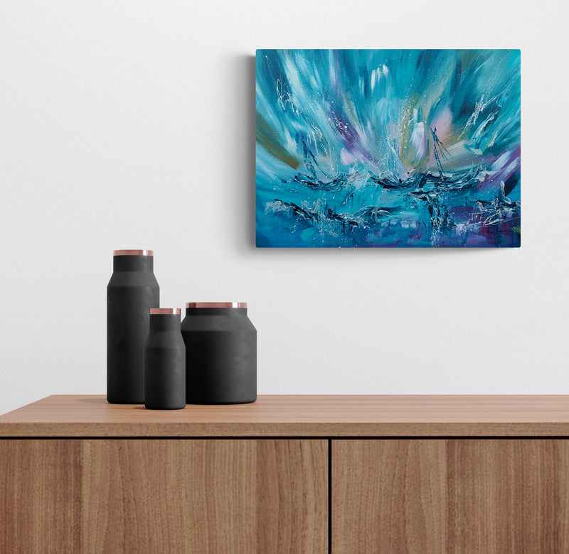 Arrêt sur glace blue abstract painting displayed in a contemporary living room