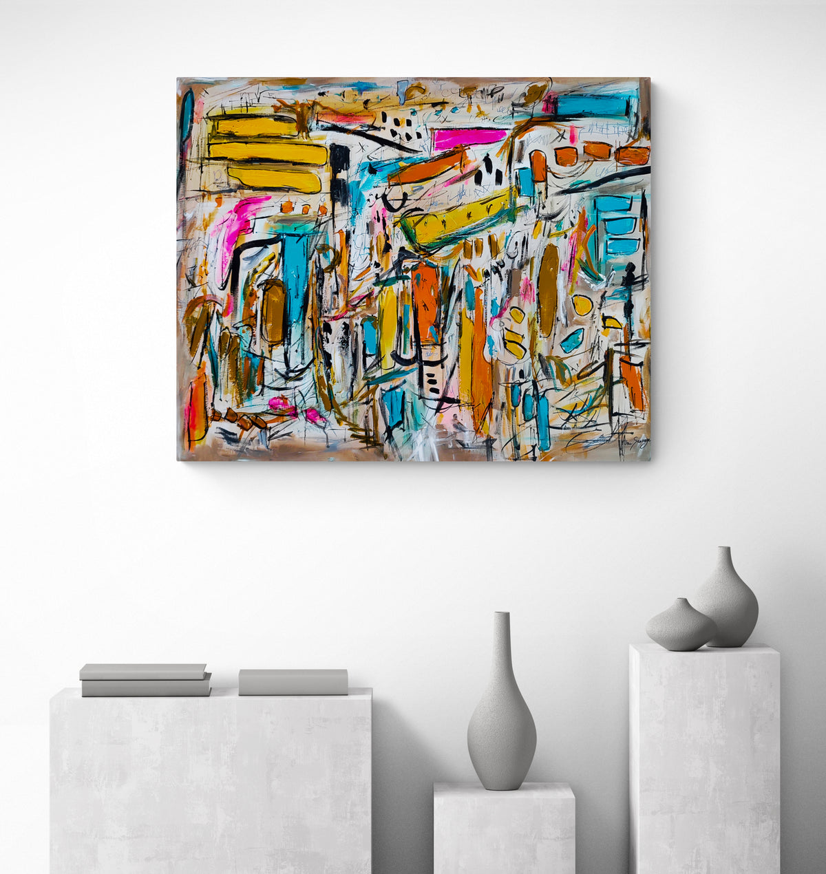 Bâti cubique colourful abstract artwork displayed in a modern interior