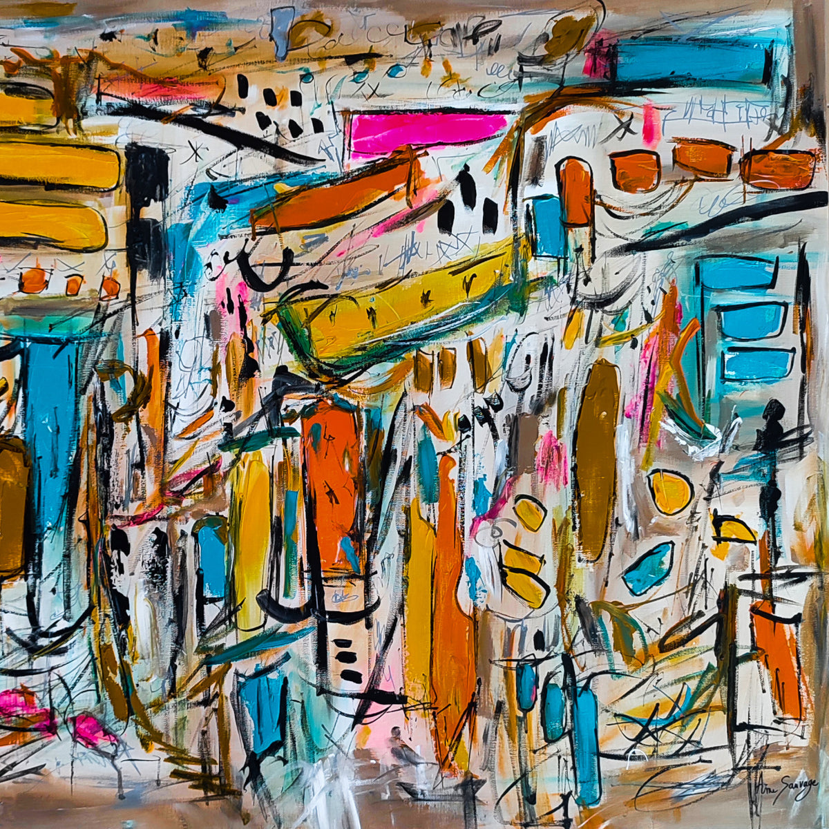 Detail of Bâti cubique – colourful abstract painting by Âme Sauvage