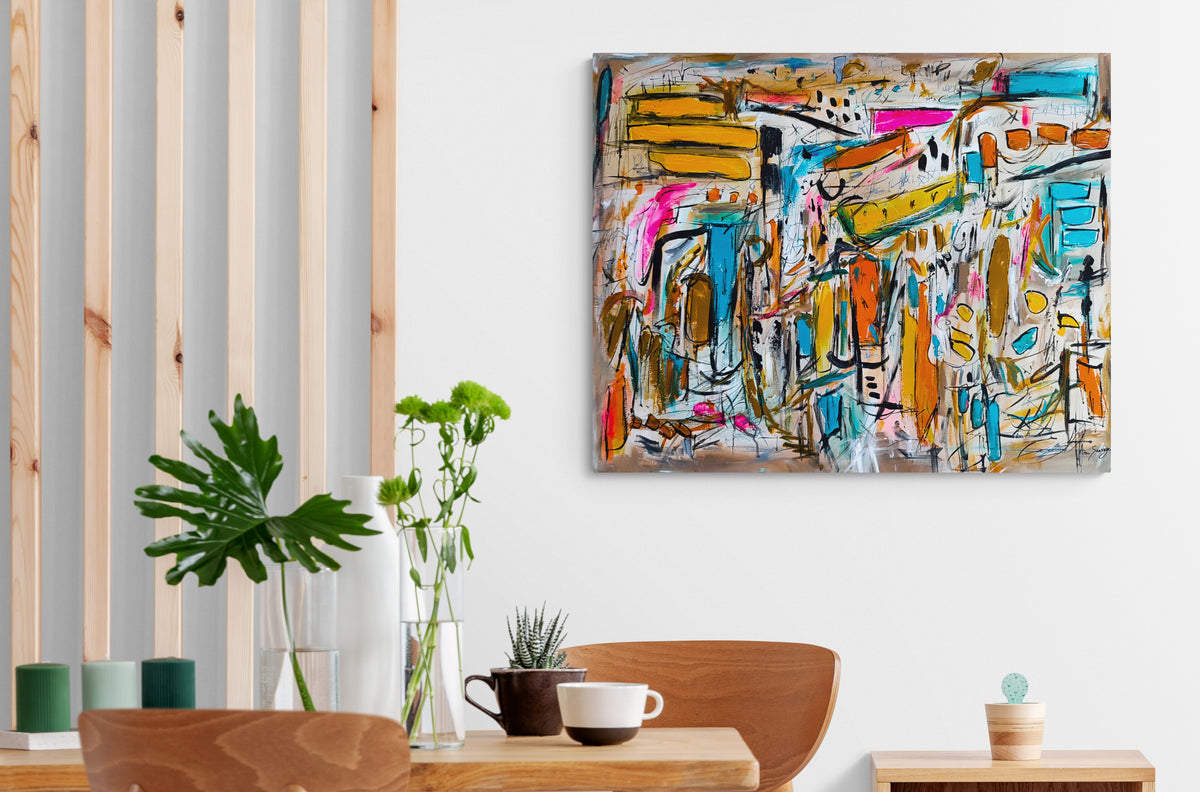 Bâti cubique large abstract painting displayed in a contemporary dining room