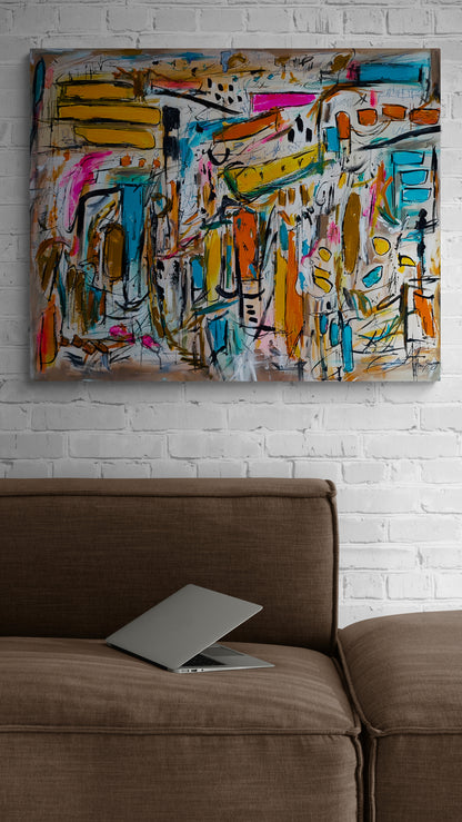 Bâti cubique large colourful abstract painting displayed in a contemporary living room