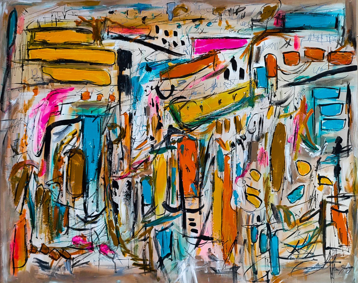 Bâti cubique – large colourful abstract painting by Âme Sauvage
