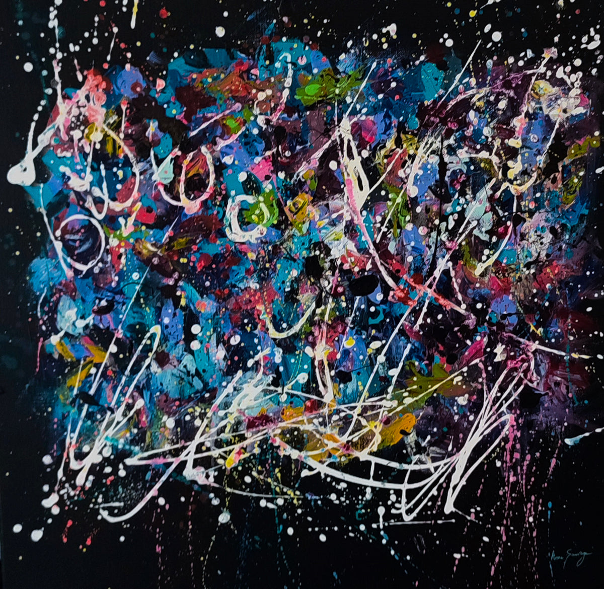 Contemporary colourful abstract artwork on a black background 