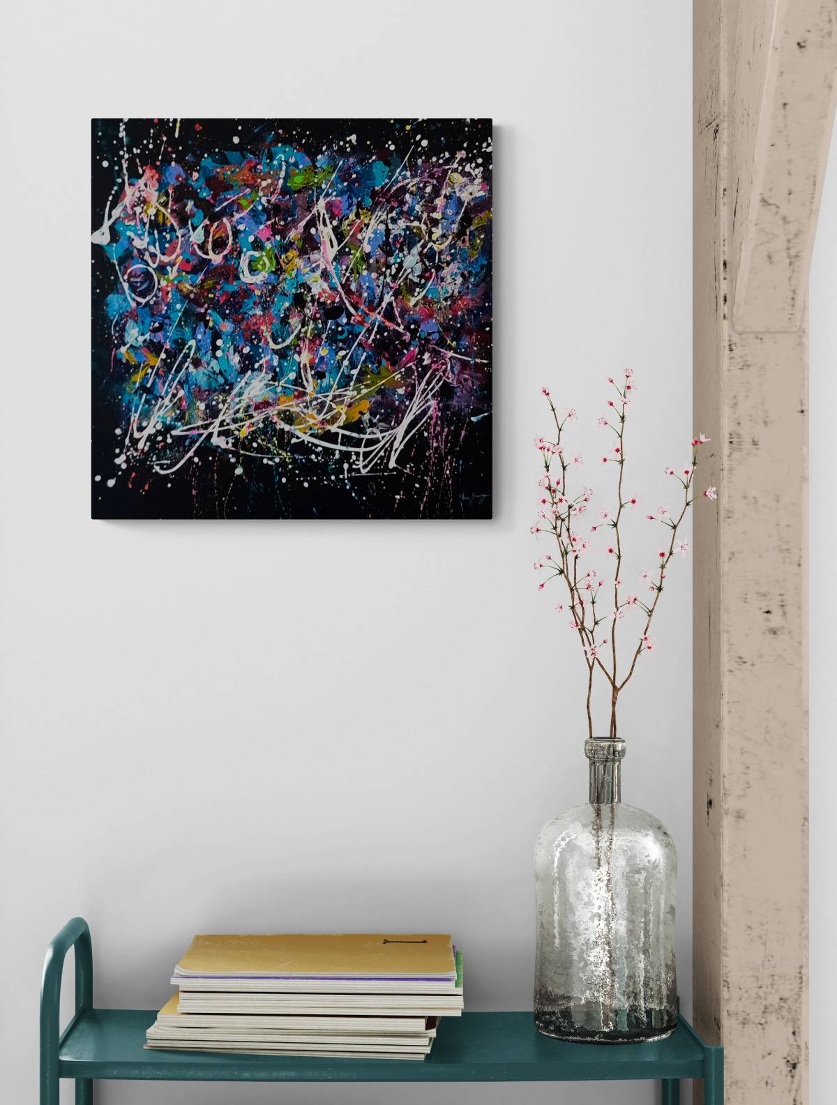 Contemporary colourful abstract artwork on a black background 