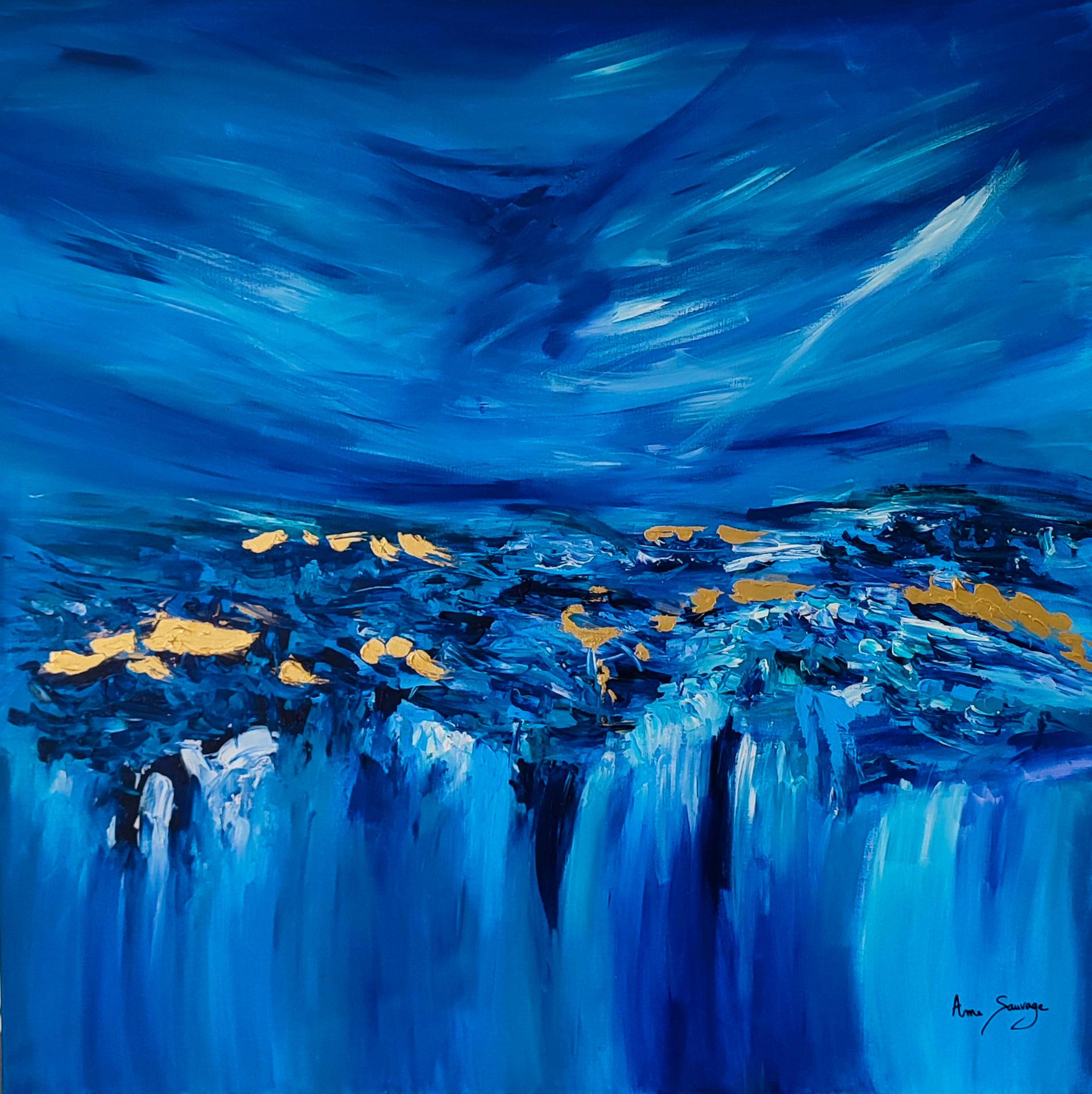 large blue gold leaf painting