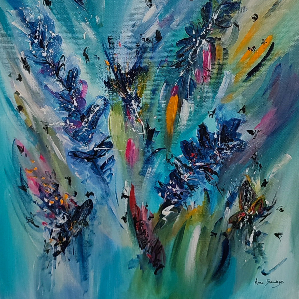 Detail of the blue tones and texture in this abstract painting by Âme Sauvage