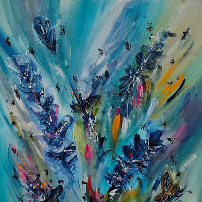 Detail of the blue tones and texture in this abstract painting by Âme Sauvage