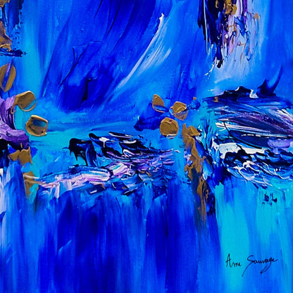 Detail of a small blue and gold abstract painting with expressive colour