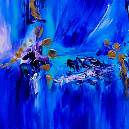 Detail of a small blue and gold abstract painting with expressive colour