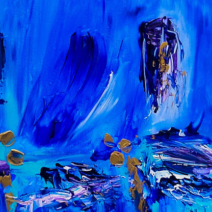 Detail of a small blue and gold abstract painting with expressive colour