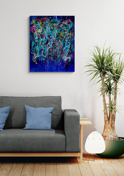 L’éclate totale blue abstract painting displayed in a contemporary interior
