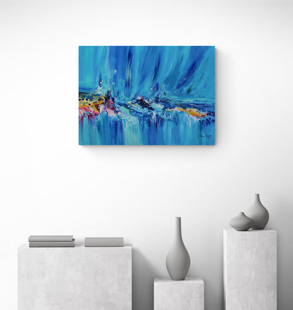 Blue abstract painting with boats