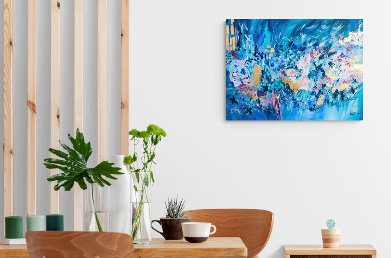 Details of blue and gold abstract painting