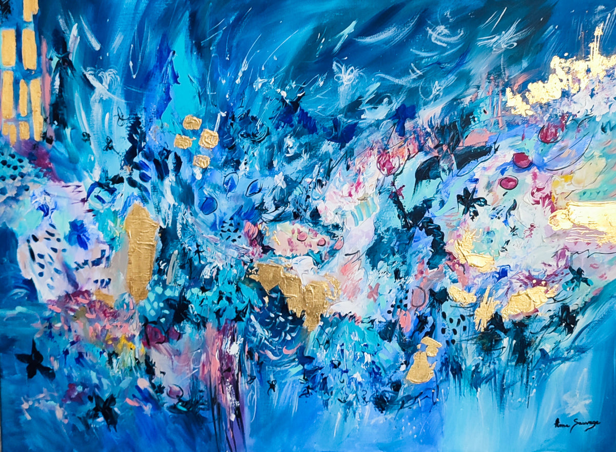Blue and gold leaf abstract painting