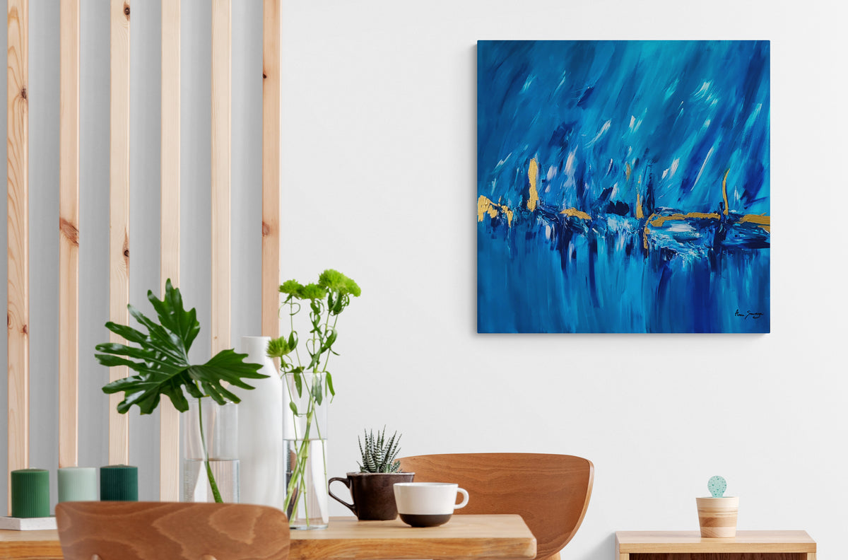 Blue and gold abstract painting with 24k gold leaf by French artist Âme Sauvage