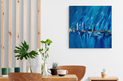 Blue and gold abstract painting with 24k gold leaf by French artist Âme Sauvage
