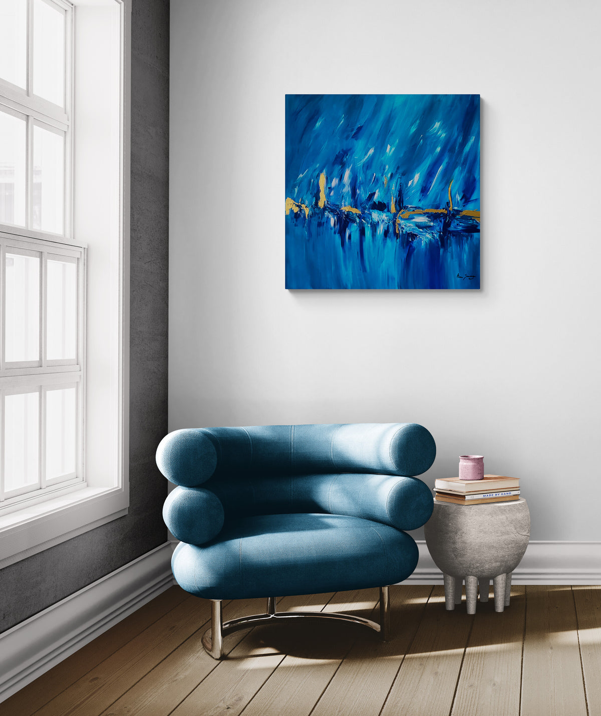 Blue and gold abstract painting with 24k gold leaf by French artist Âme Sauvage