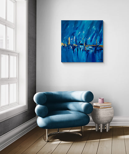 Blue and gold abstract painting with 24k gold leaf by French artist Âme Sauvage