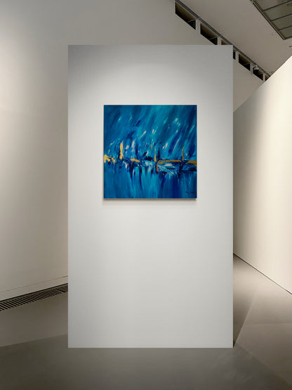 Blue and gold abstract painting with 24k gold leaf by French artist Âme Sauvage