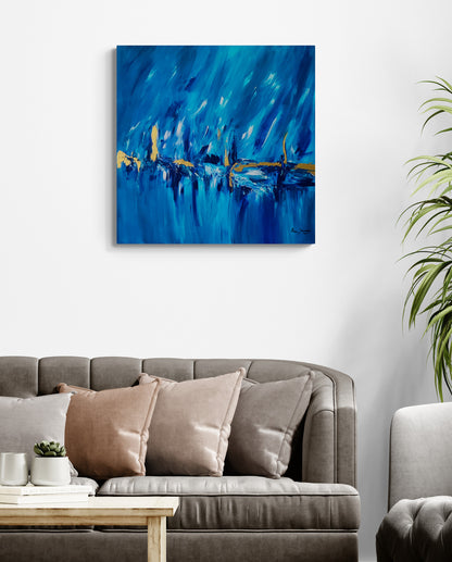 Blue and gold abstract painting with 24k gold leaf by French artist Âme Sauvage