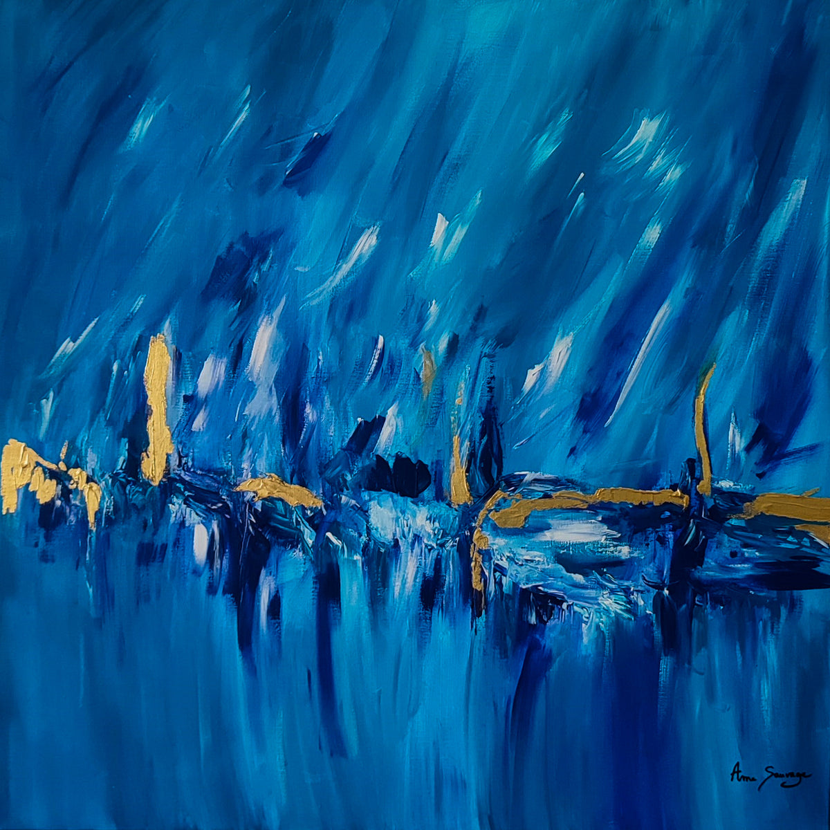 Blue and gold abstract painting with 24k gold leaf by French artist Âme Sauvage
