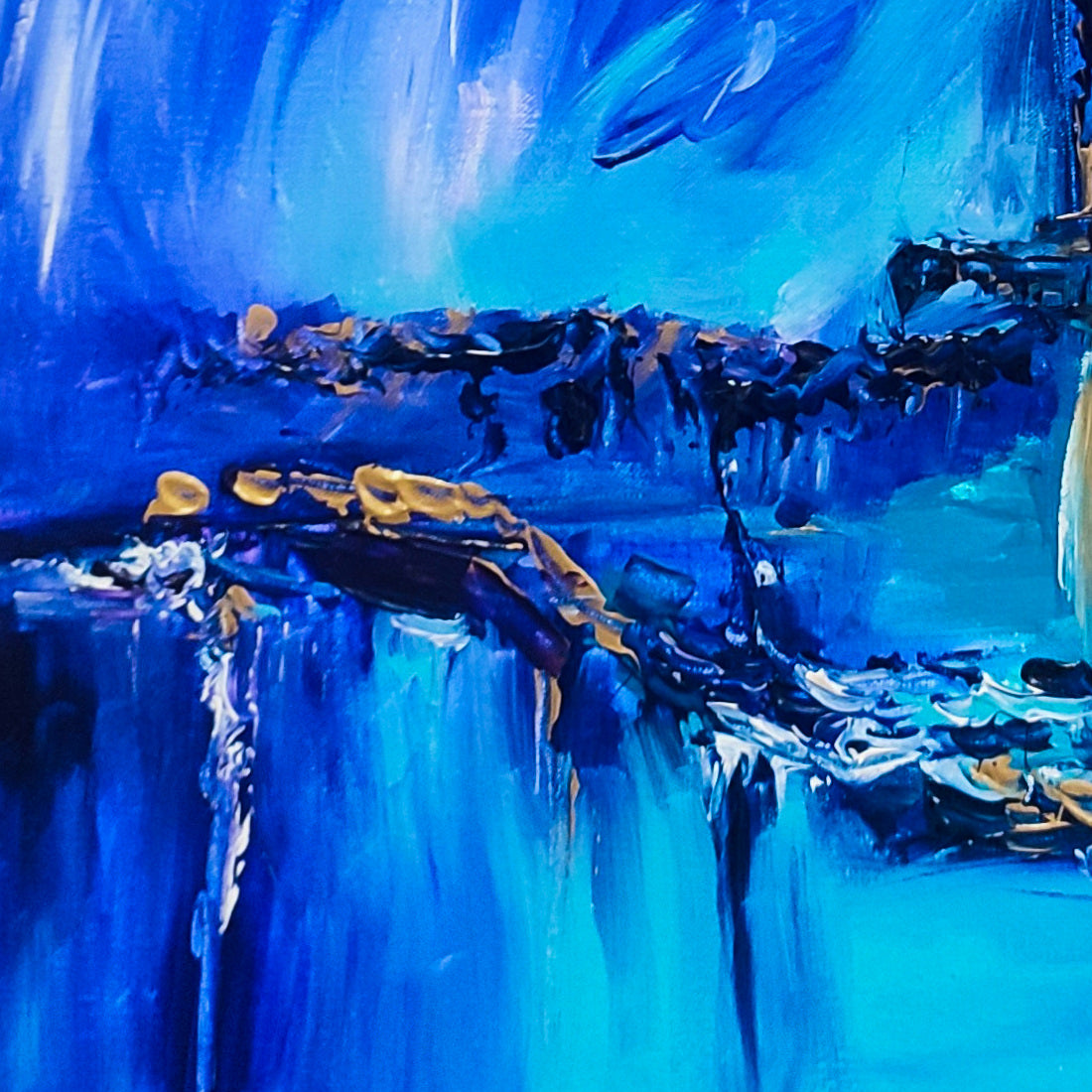 Blue and gold abstract artwork by French artist Âme Sauvage