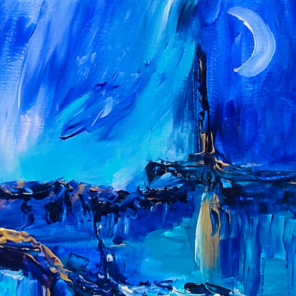 Blue and gold abstract artwork by French artist Âme Sauvage
