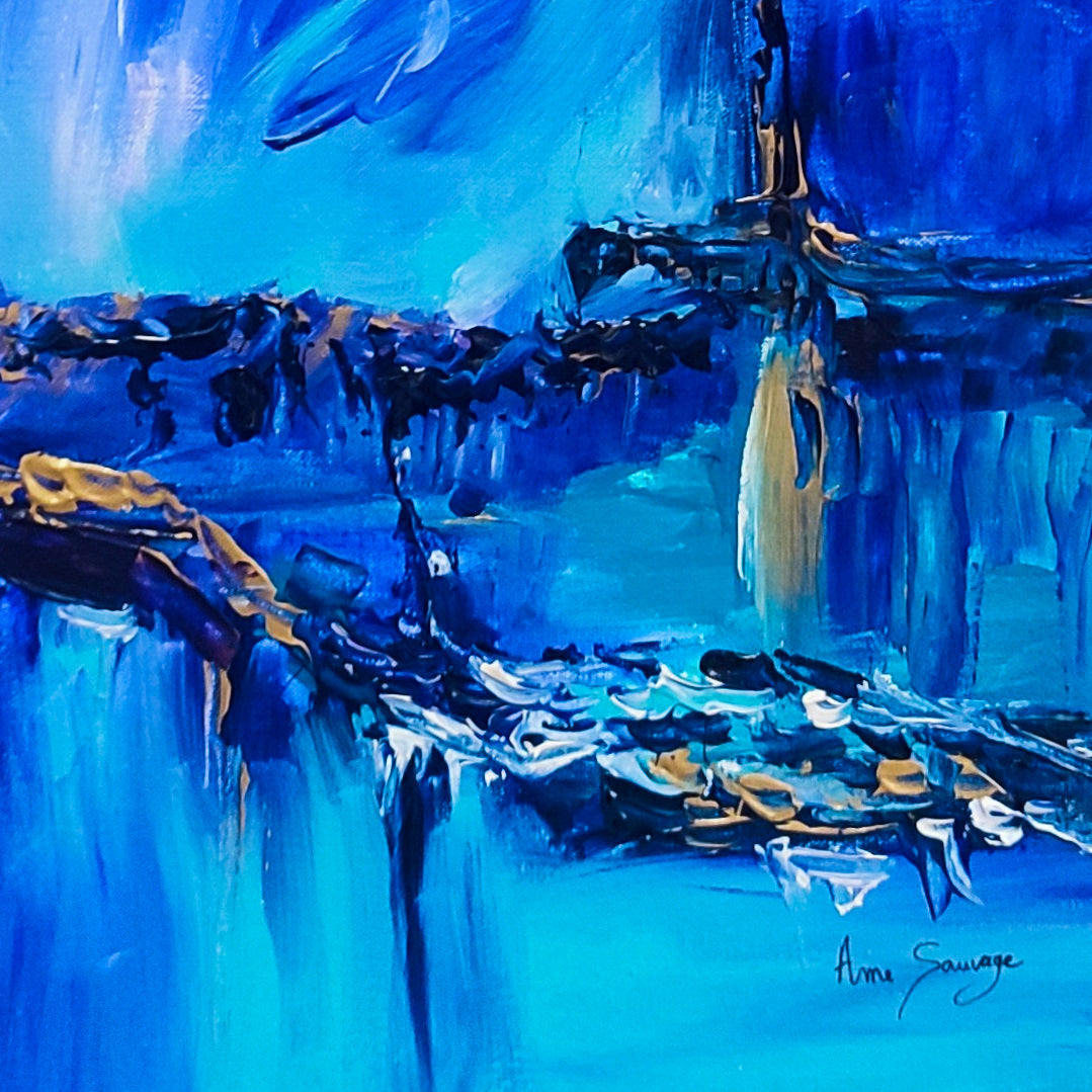 Blue and gold abstract artwork by French artist Âme Sauvage