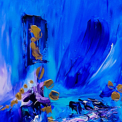 Detail of a small blue and gold abstract painting with expressive colour