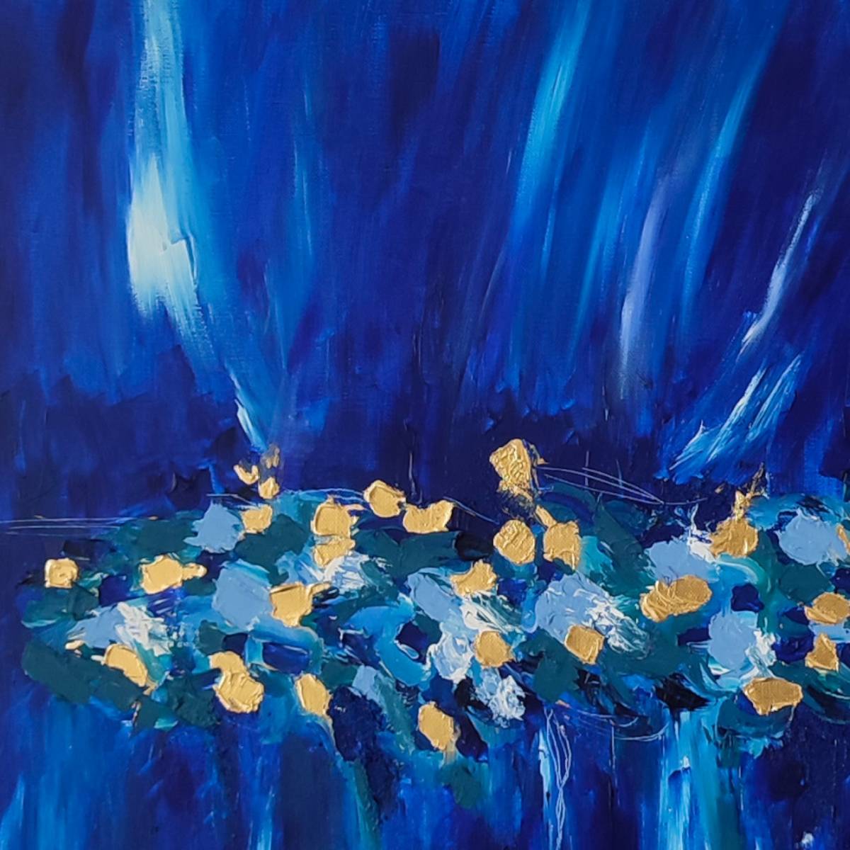 blue and gold leaf abstract painting