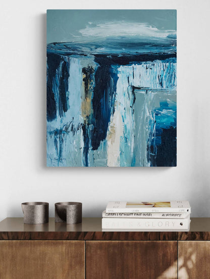 Scellé dans la glace blue and sage green artwork displayed in a contemporary interior
