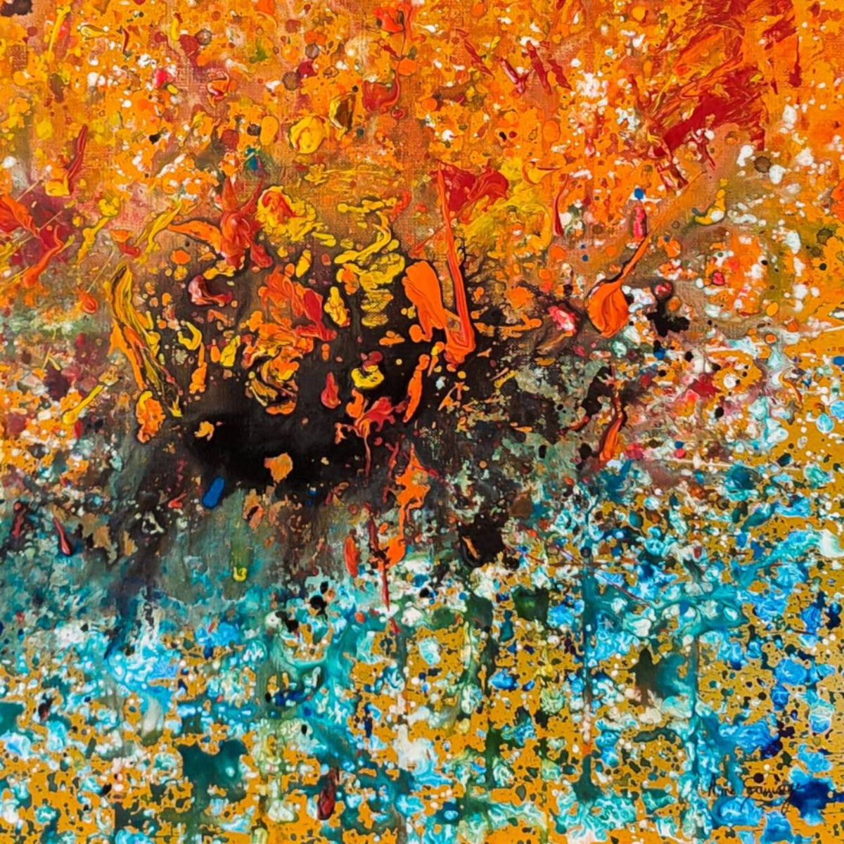 Original blue and orange abstract expressionist painting by French artist Âme Sauvage