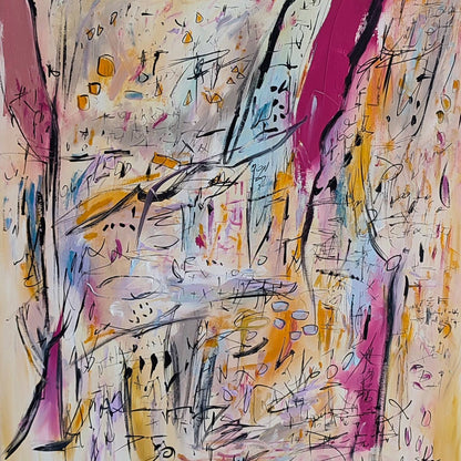 Detail of Calculs savants – beige, yellow and pink abstract painting by Âme Sauvage