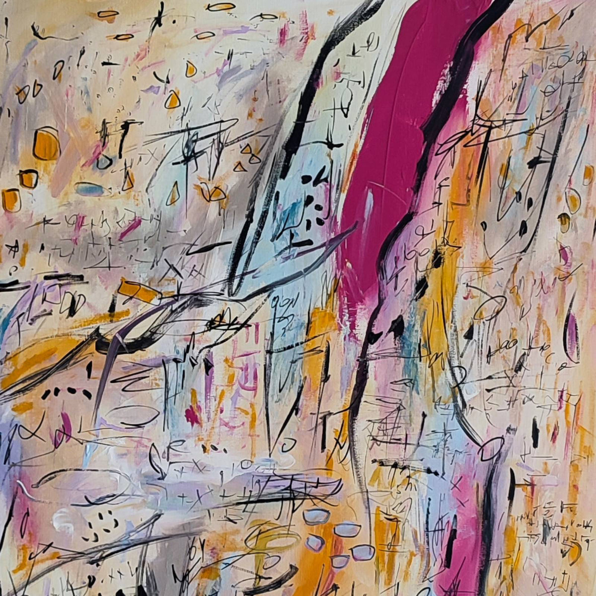 Detail of Calculs savants – beige, yellow and pink abstract painting by Âme Sauvage