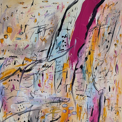 Detail of Calculs savants – beige, yellow and pink abstract painting by Âme Sauvage