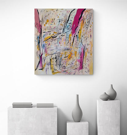 Calculs savants beige, yellow and pink artwork in a modern interior