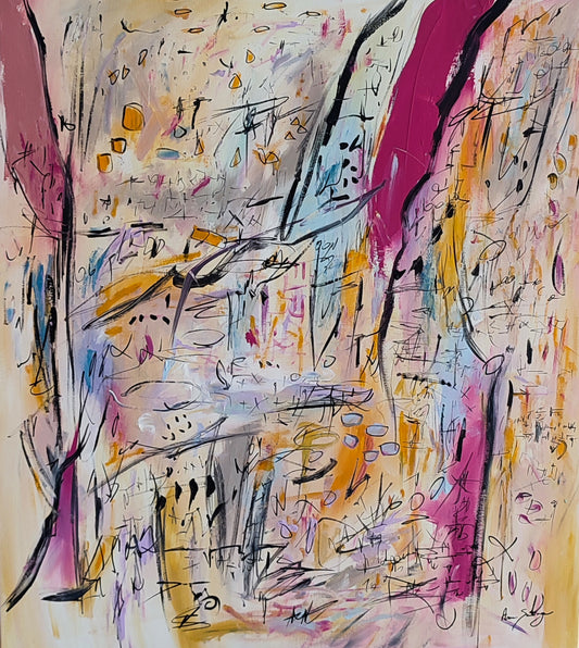 Calculs savants – large beige, yellow and pink abstract painting by Âme Sauvage