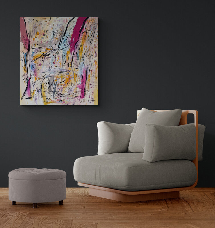 Calculs savants large colourful painting displayed in a contemporary interior